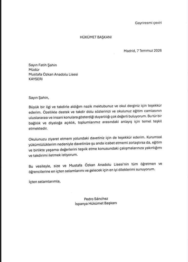 İspanya Başbakanı Sanchez Kayseri'deki bir liseye mektup gönderdi - Resim : 2
