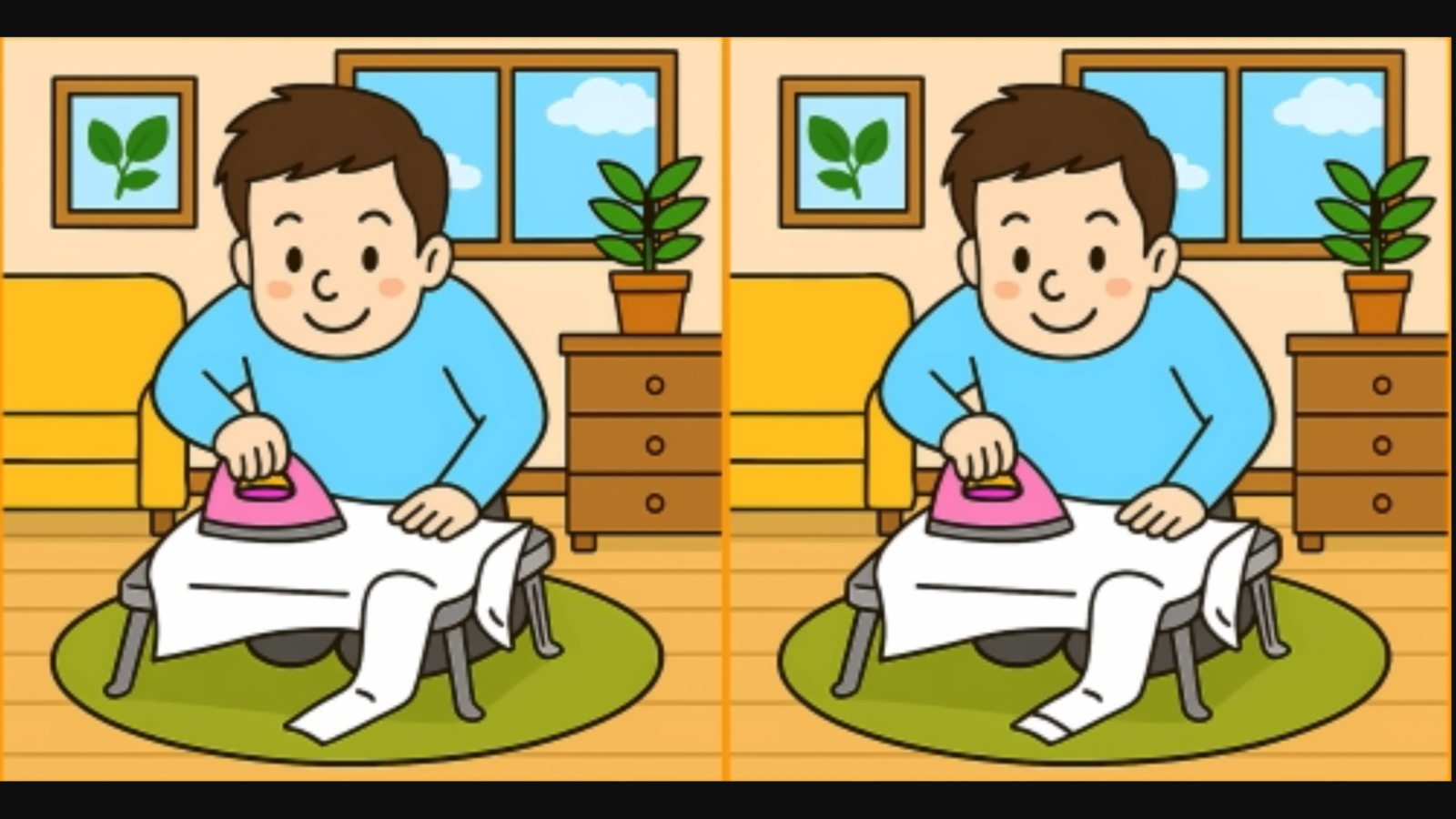 Evinin salonunda ütü yapan iki genç adam arasındaki 3 farkı sadece yüksek IQ'su olanlar 12 saniyede buluyor