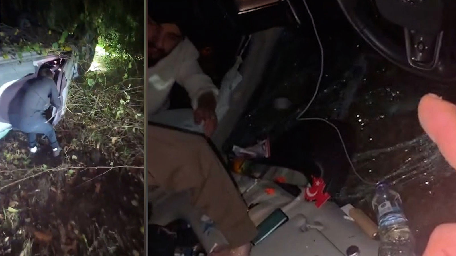 Sarıyer'de ormanlık alana devrilen otomobildeki 4 kişiyi yoldan geçenler kurtardı