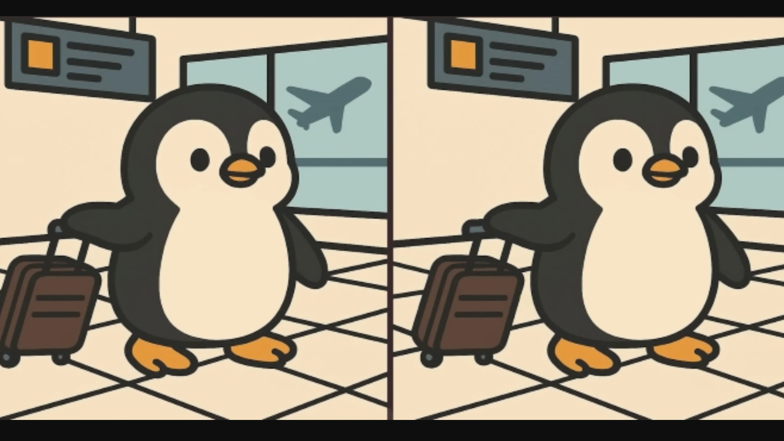 Havalimanında yürüyen iki penguen arasındaki 3 farkı dahiler buluyor