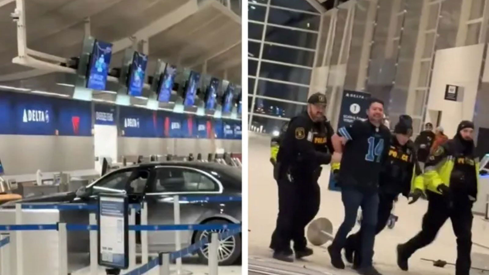 Havaalanı terminaline otomobiliyle daldı: Bilet gişelerine çarparak durabildi