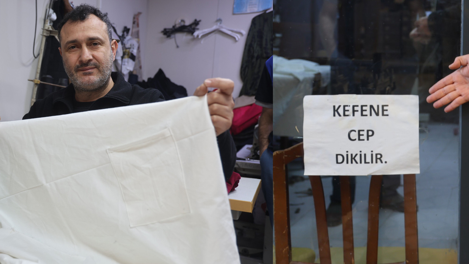 Pazarlıktan ve cimrilikten bıktı, dükkan camına astı: Kefene cep dikilir