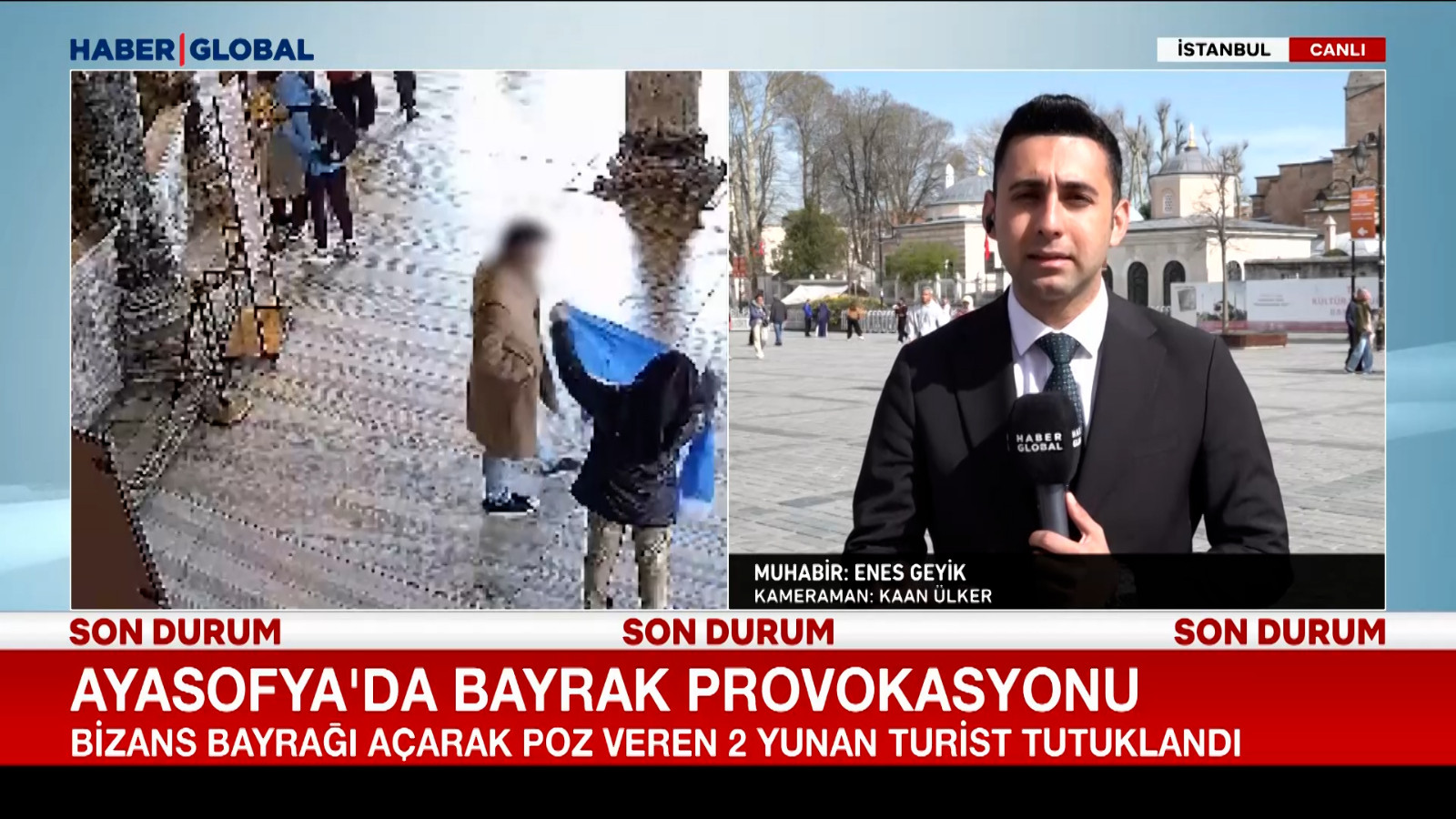 Ayasofya'da Bizans bayrağı açarak poz veren iki Yunan turist tutuklandı