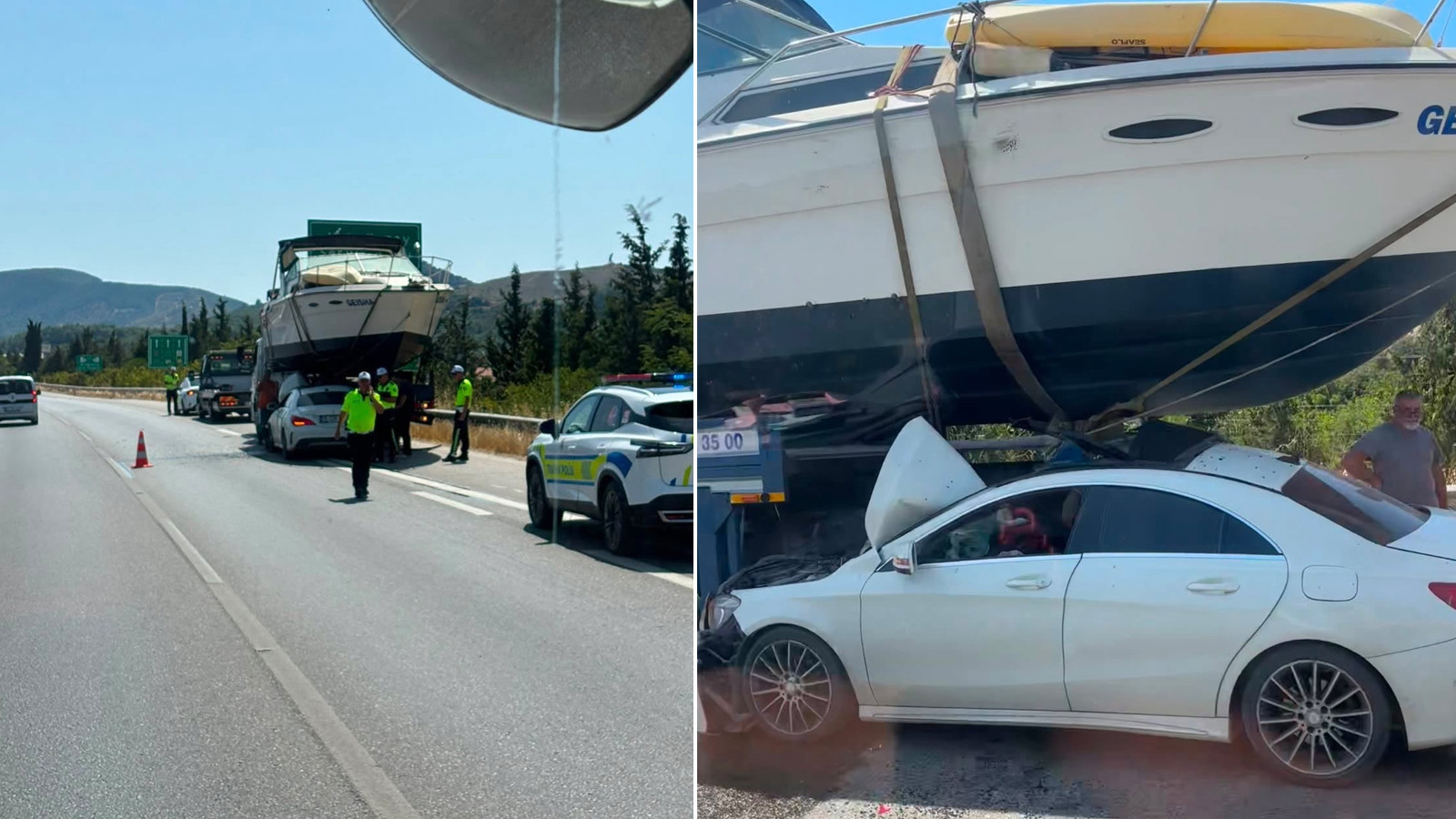 İzmir'de şaşırtıcı kaza: Otomobil, çekici üzerindeki tekneye çarptı